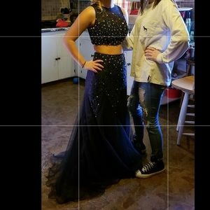 long 2 piece navy blue beaded dress